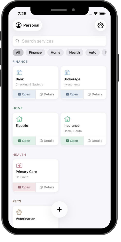 AtlasLife home screen showing categories for Finance, Home, Health, Auto, and Pets.