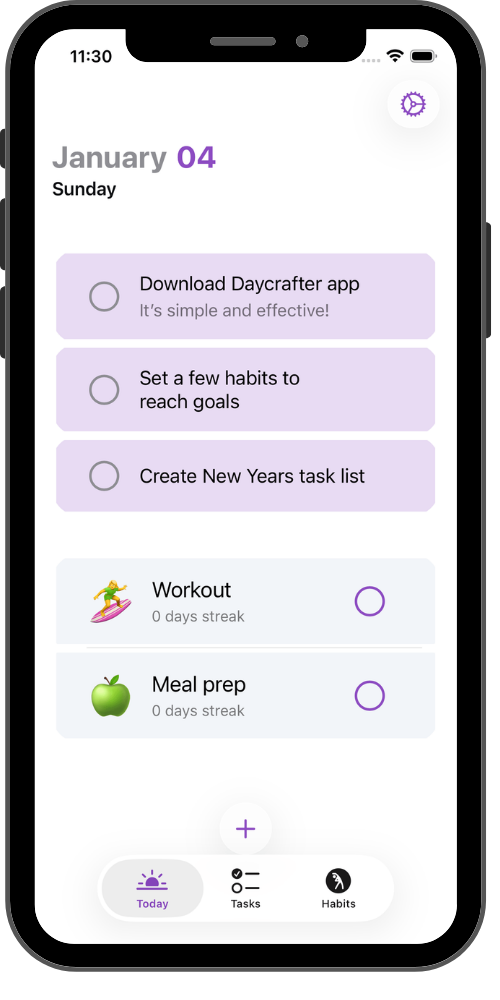 Daycrafter Today view showing tasks, habits, and calendar events.