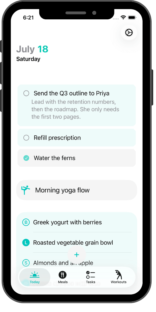 Day.ly Today screen showing events, tasks, meals, and workouts.
