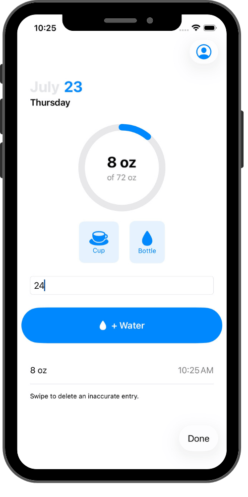 Hydrawell log screen with cup and bottle presets.