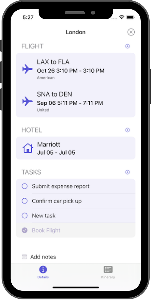 Nova trip overview showing flights, hotels, cars, and itinerary.