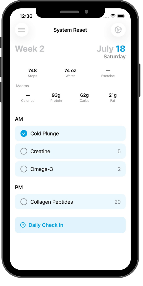 VitalTide Today screen showing AM and PM program items.