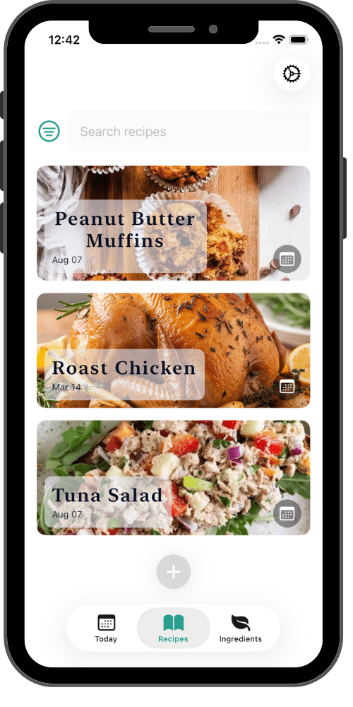Zest recipe list showing saved meals.